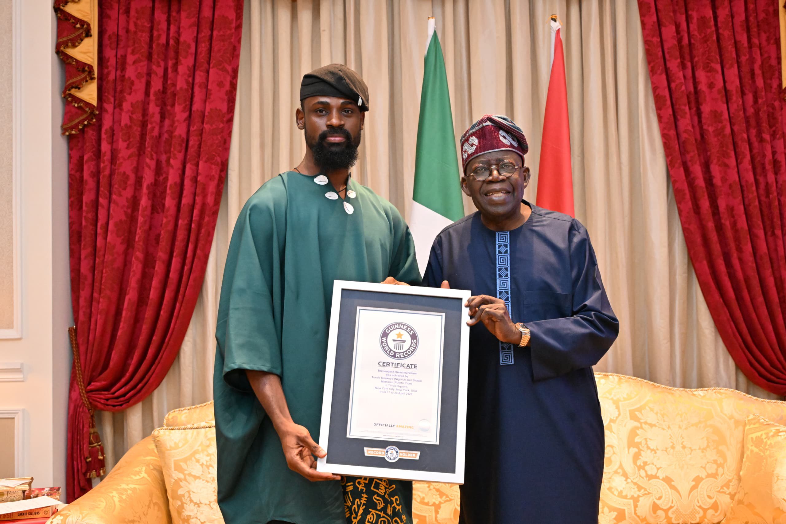 Tunde Onakoya presents world record certificate to President Tinubu in Lagos
