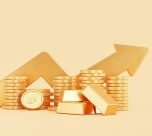 Gold Growing Arrow With Gold Coin Money Stacks Gold Bar Business Finance Savings Investment Concept Background 3d Illustration