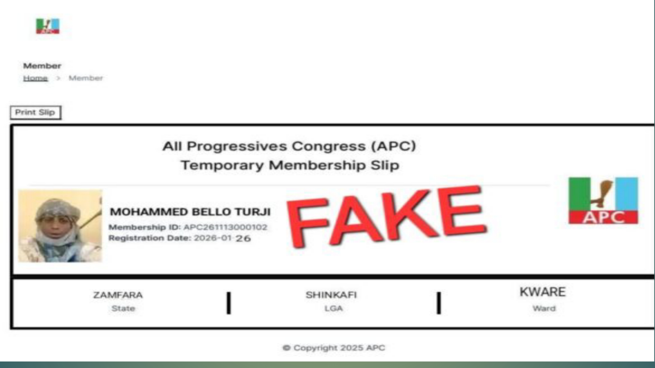 APC Disowns Viral Registration Slip Of Terrorist, Turji as Party Member