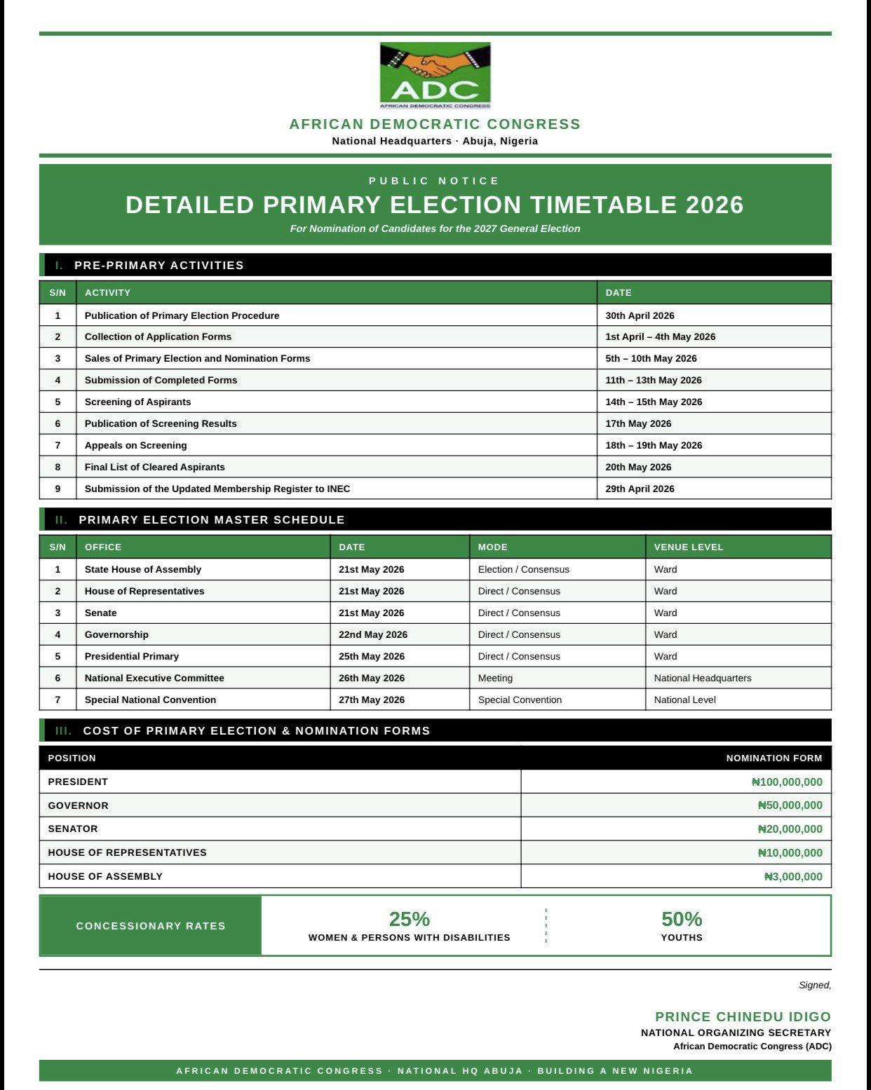 ADC Sets Dates for 2026 Primaries, Nomination Forms Sale Starts May 5