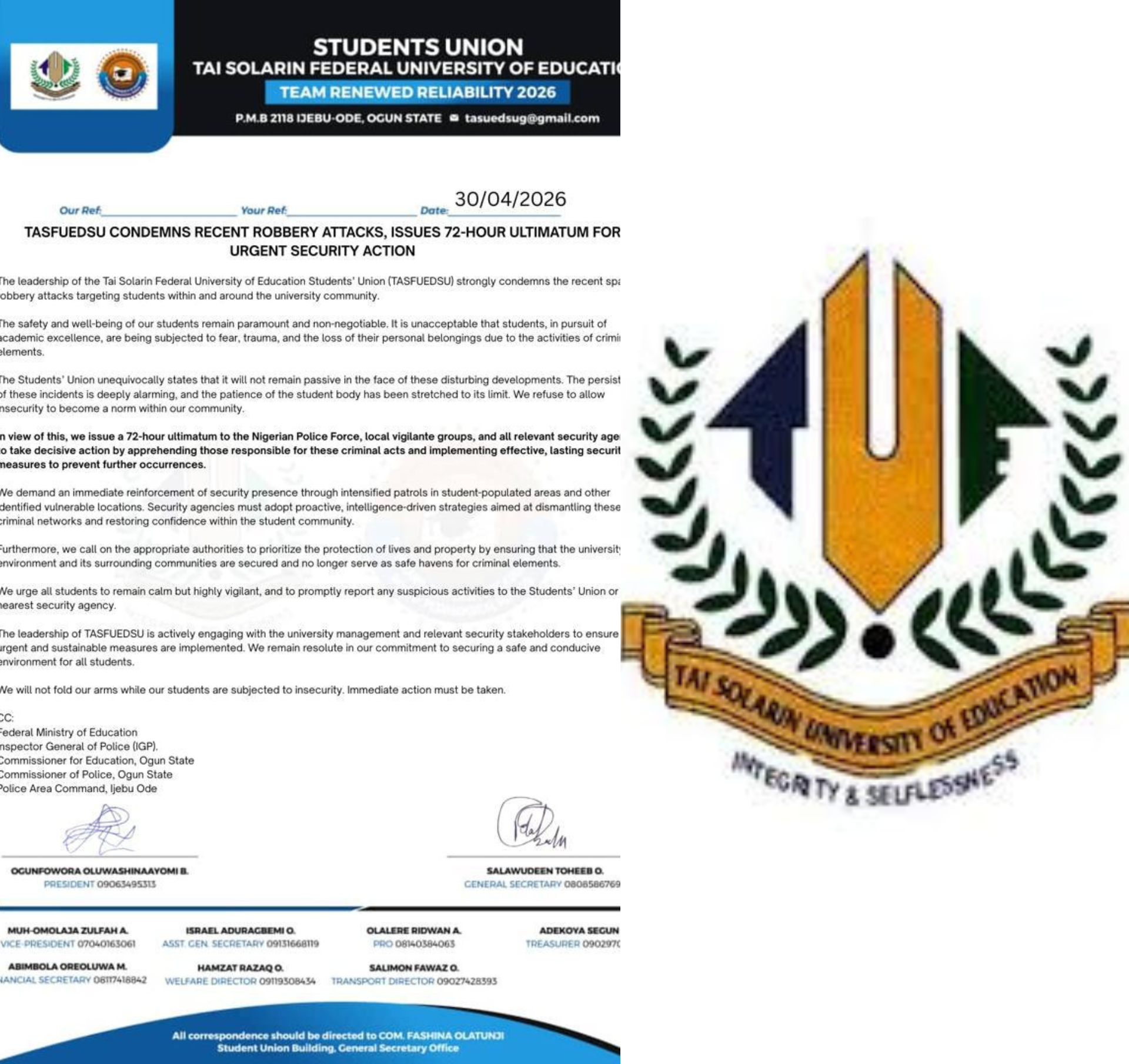 Robbery Attacks: TASFUEDSU Issues 72-Hour Ultimatum to Security Agencies  ‎