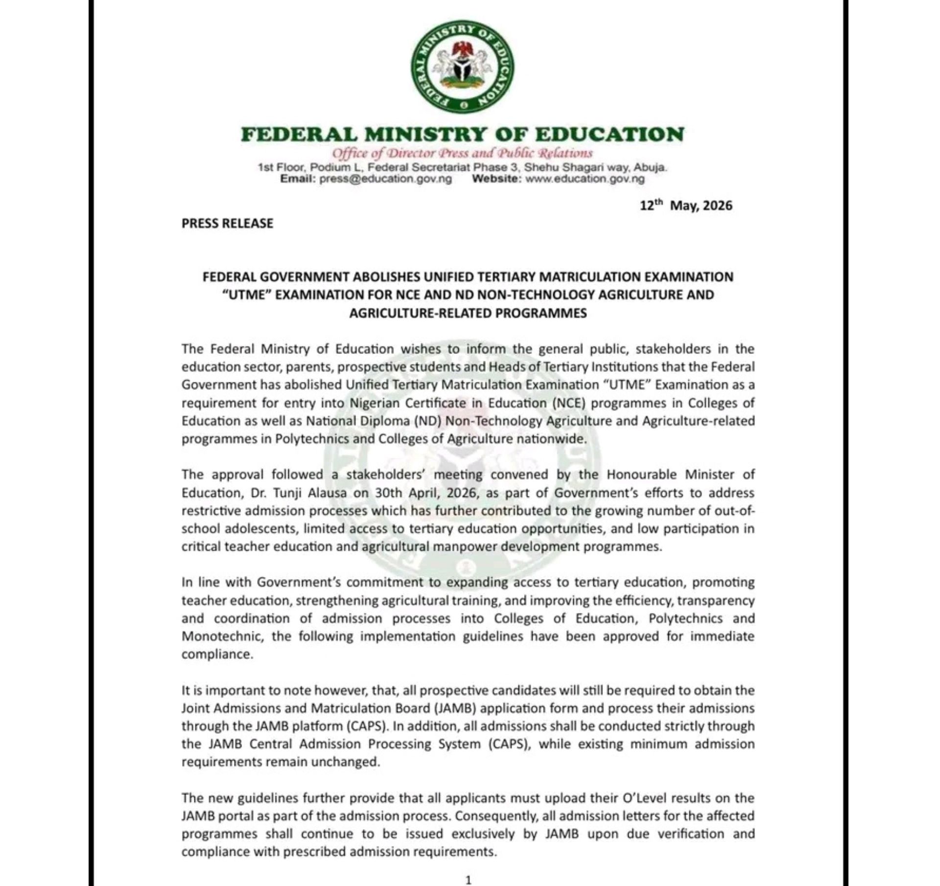 FG Abolishes UTME Requirement for NCE, Agriculture-Related ND Programmes