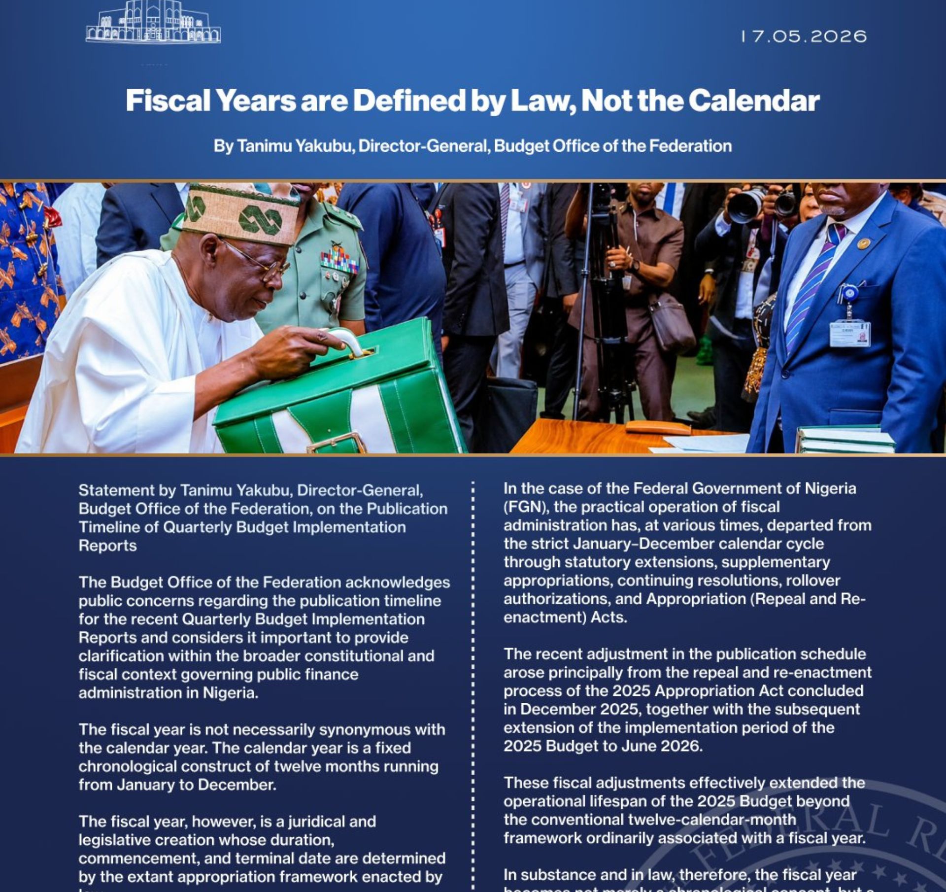 Presidency Explains Why Nigeria’s Fiscal Year May Extend Beyond Calendar Year