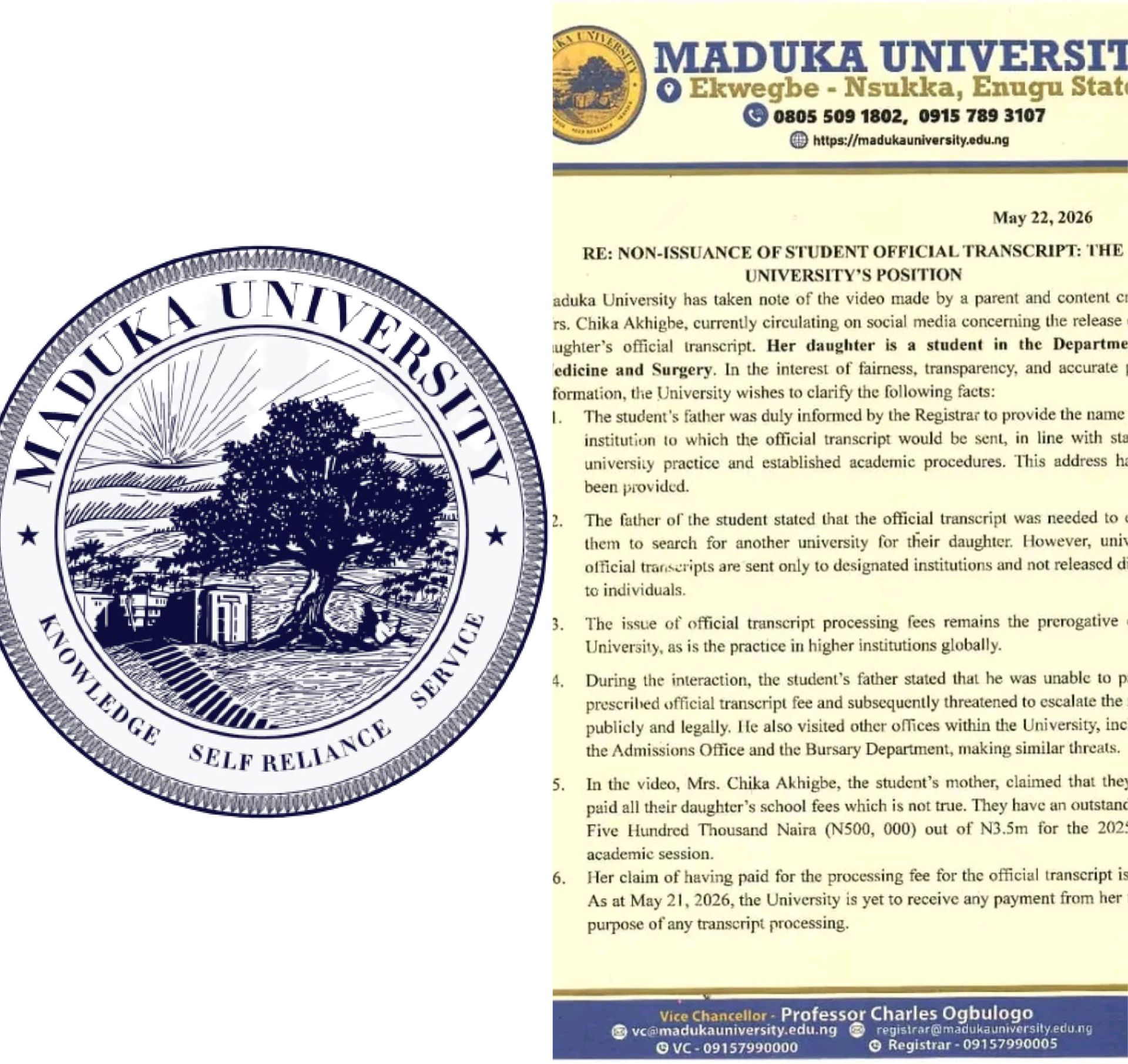 Maduka University Denies Allegations Over Withheld Student Transcript