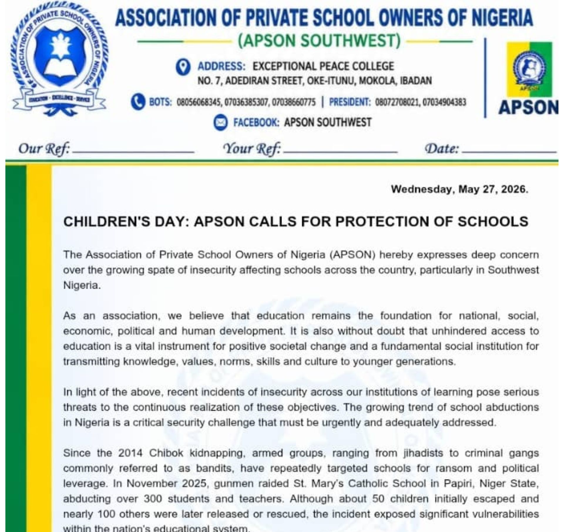 APSON Raises Alarm Over Rising Attacks on Schools, Calls for Urgent Government Action