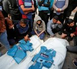 Palestinians Mourn Local Journalists Hassouna Sleem And Sary Mansour, Who Were Killed In An Israeli Strike On A House, At A Hospital In The Central Gaza Strip