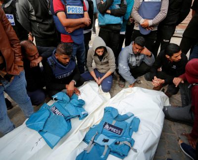 Palestinians Mourn Local Journalists Hassouna Sleem And Sary Mansour, Who Were Killed In An Israeli Strike On A House, At A Hospital In The Central Gaza Strip