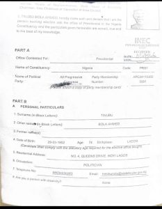 Bola Tinubu's details on inec form